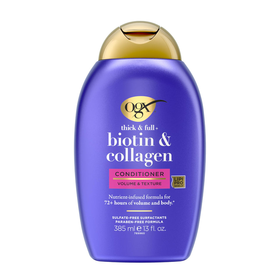 OGX bottle front packaging showing volumizing conditioner and benefits