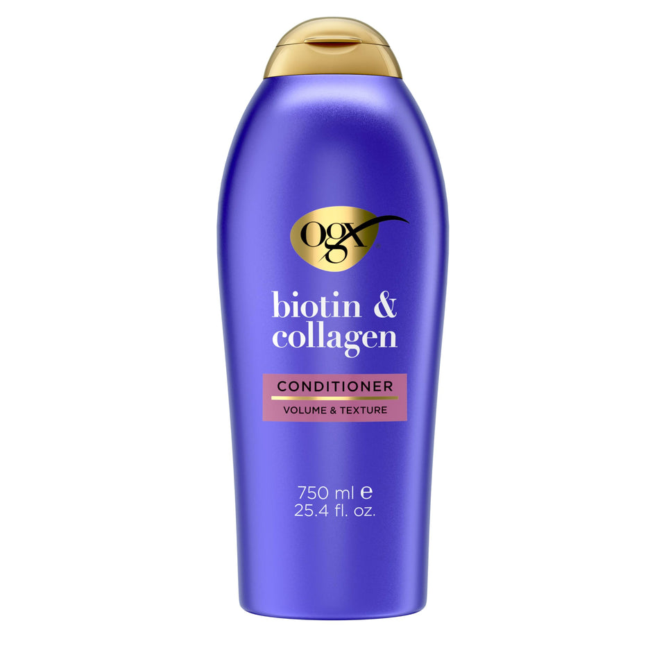 OGX bottle front packaging showing volumizing conditioner and benefits