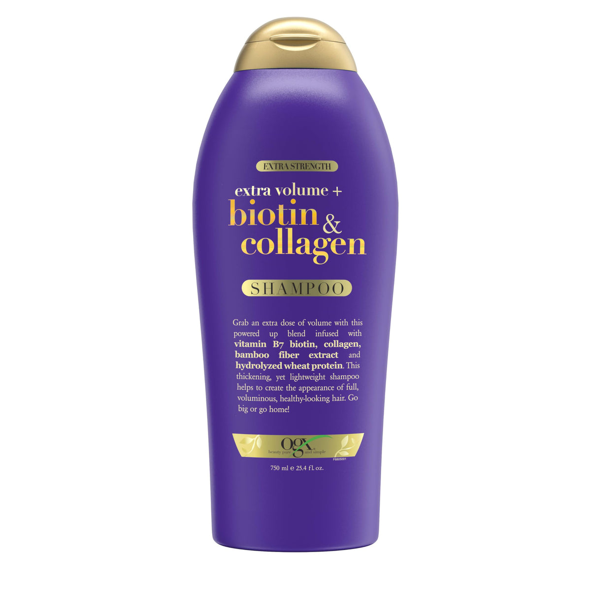 OGX bottle front packaging shows volumizing shampoo and benefits