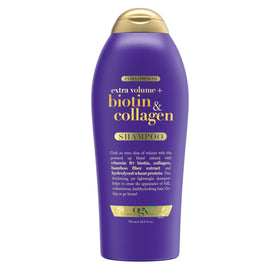 OGX bottle front packaging shows volumizing shampoo and benefits