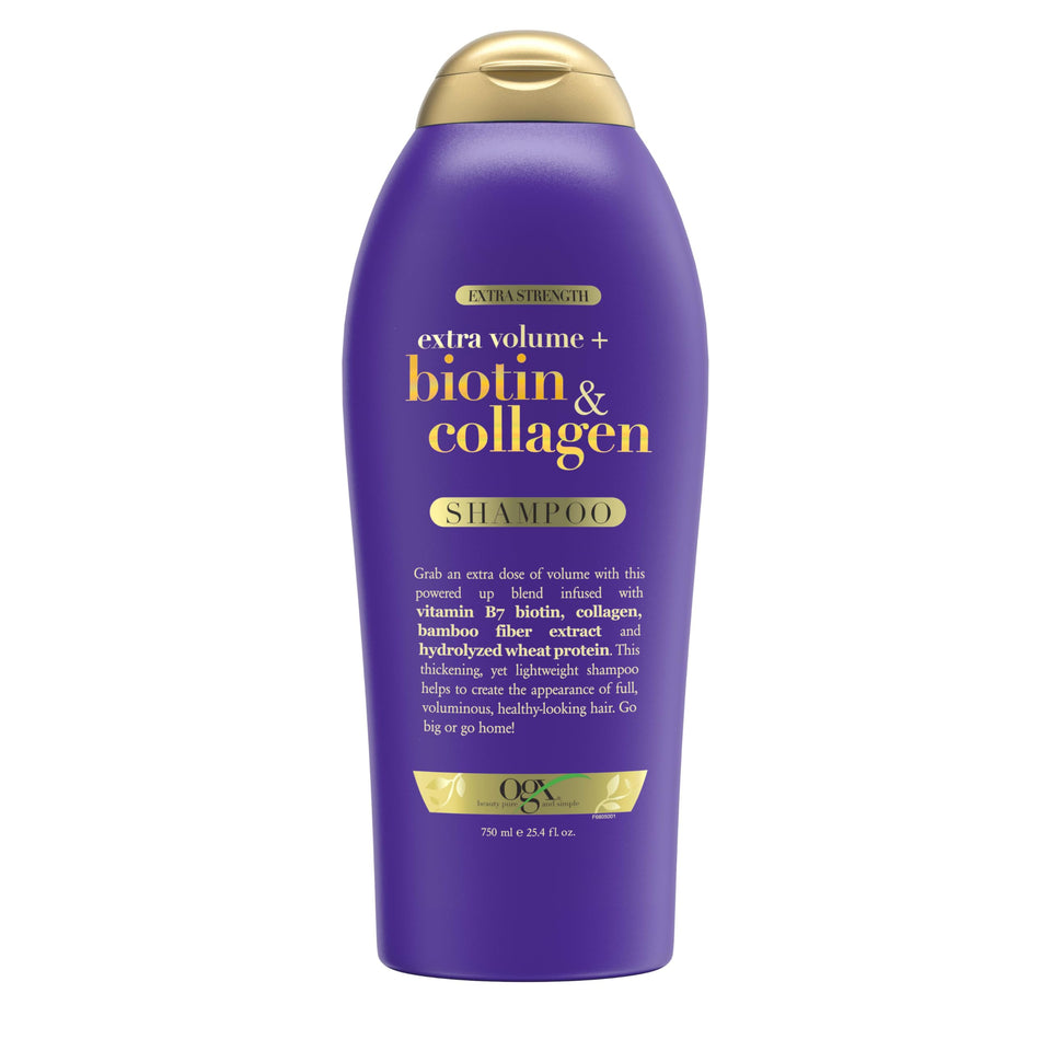 OGX bottle front packaging shows volumizing shampoo and benefits