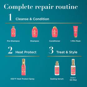 OGX comparison of hair strands before and after showing strengthened, smoother results