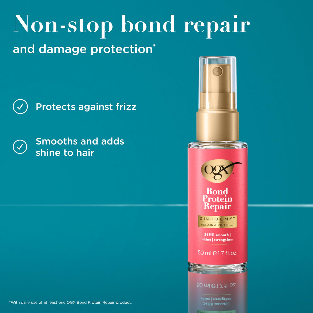 OGX spray nozzle close-up demonstrating fine mist for even application
