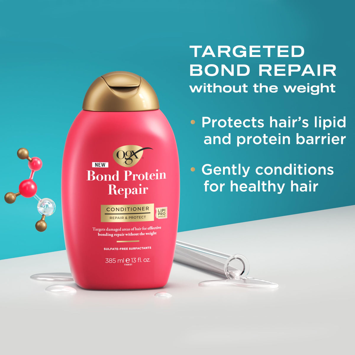OGX two 13 fl oz bottles on vanity showing the full repair and protect set