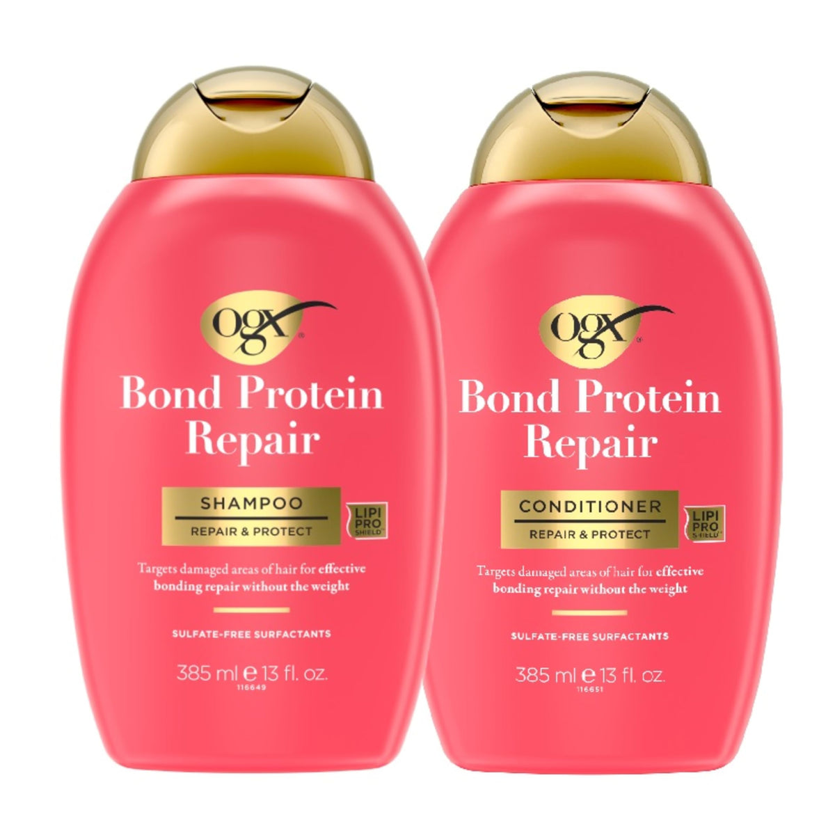 OGX close-up label highlighting bond protein repair technology and claims