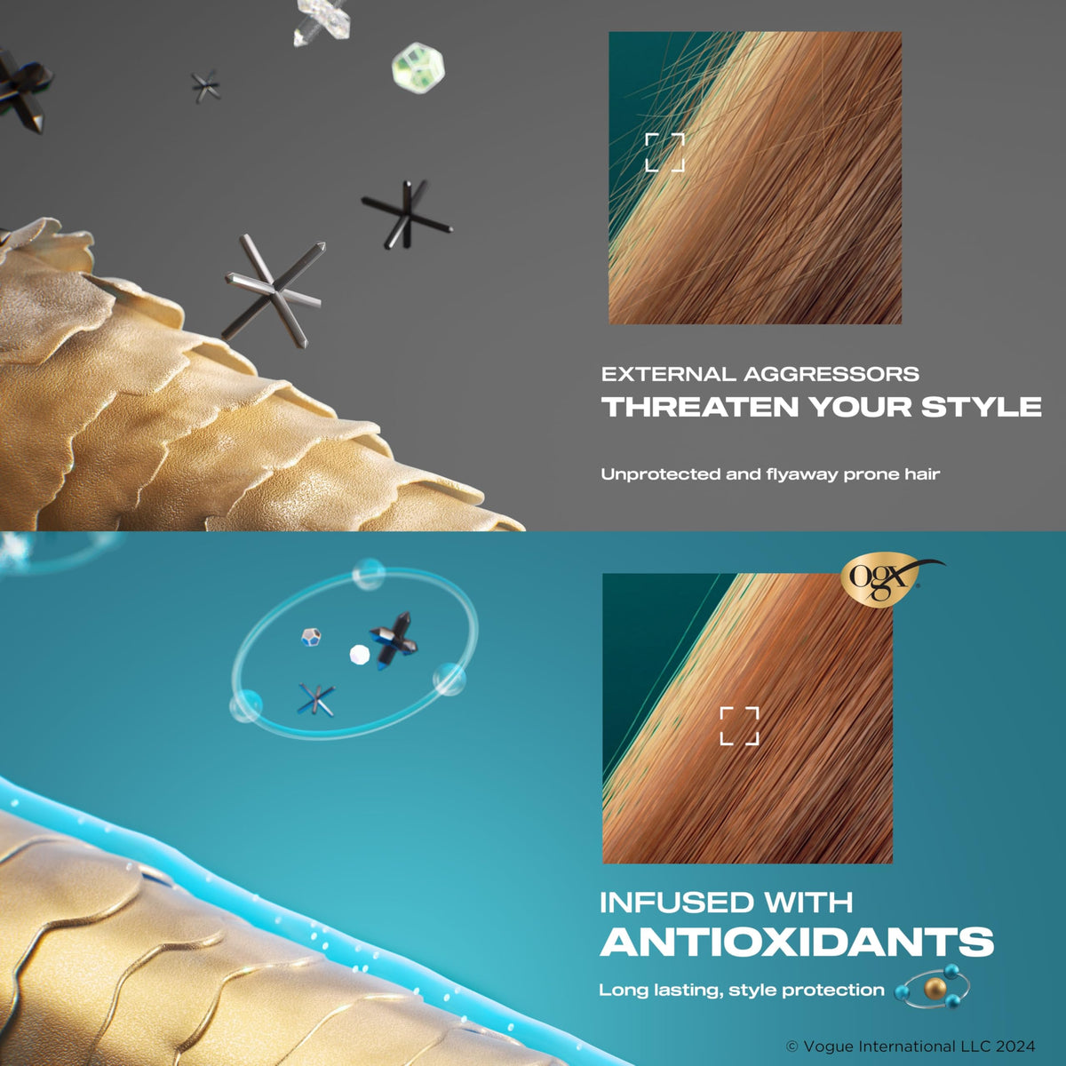 OGX nozzle close-up and mist pattern, precise application advantage