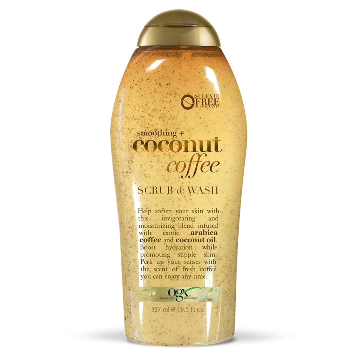 OGX front bottle view showing label and coffee-coconut scent for invigorating shower