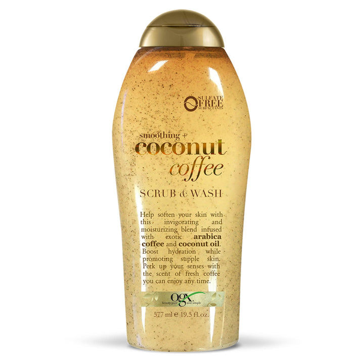 OGX front bottle view showing label and coffee-coconut scent for invigorating shower