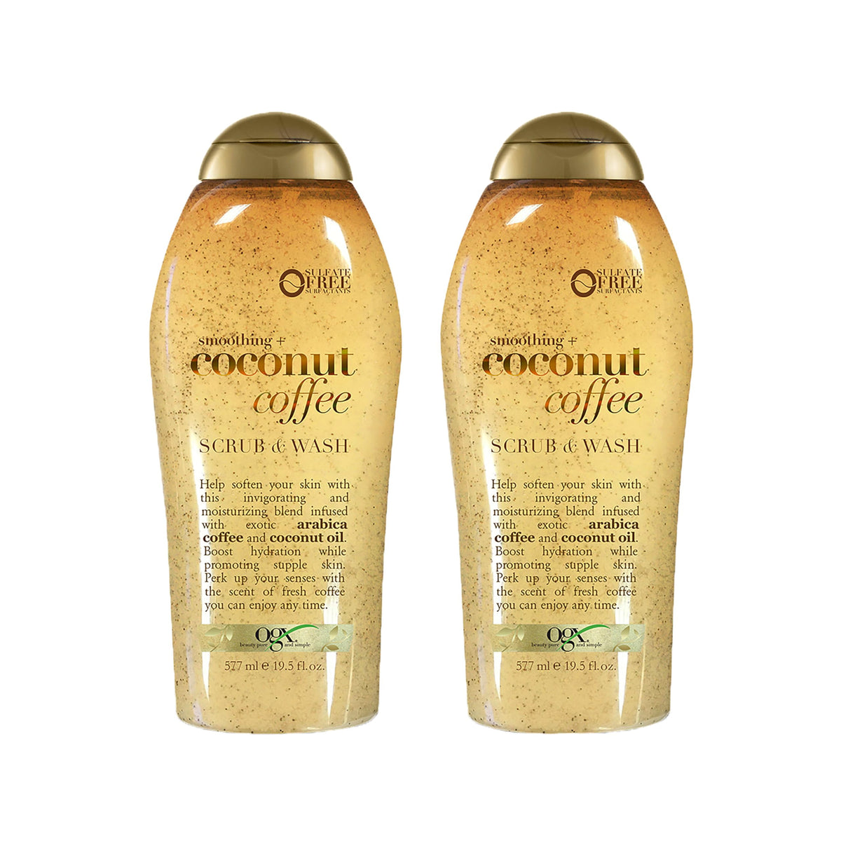 OGX bottle front packaging showing coconut coffee blend and moisturizing benefit