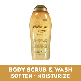 OGX in-shower use with hands lathering scrub to revitalize and smooth skin