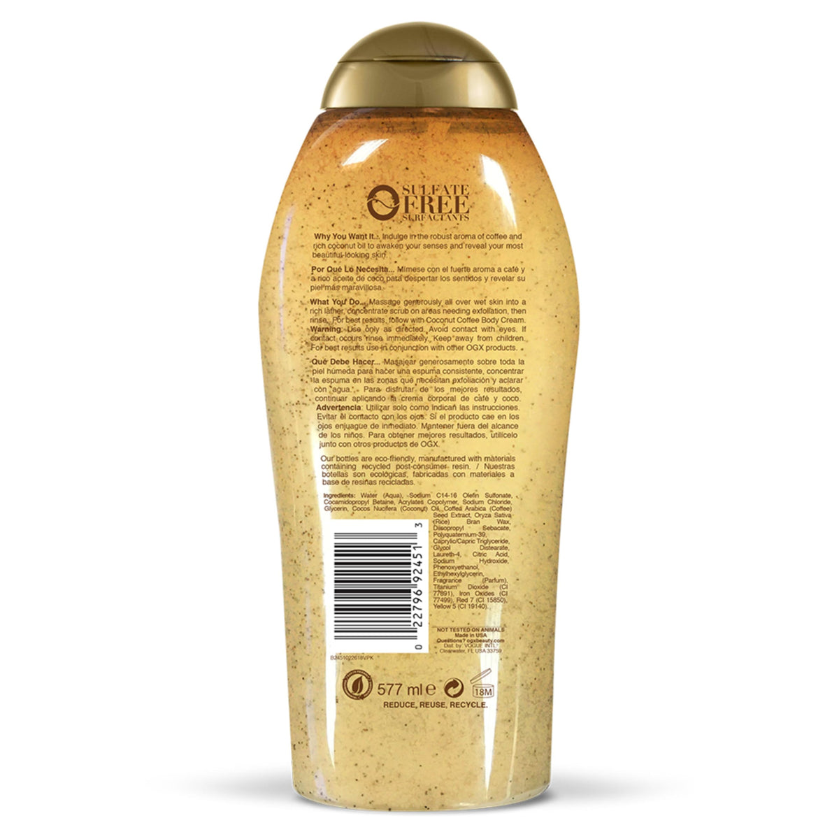OGX product label close-up highlighting Arabica coffee and coconut oil ingredients