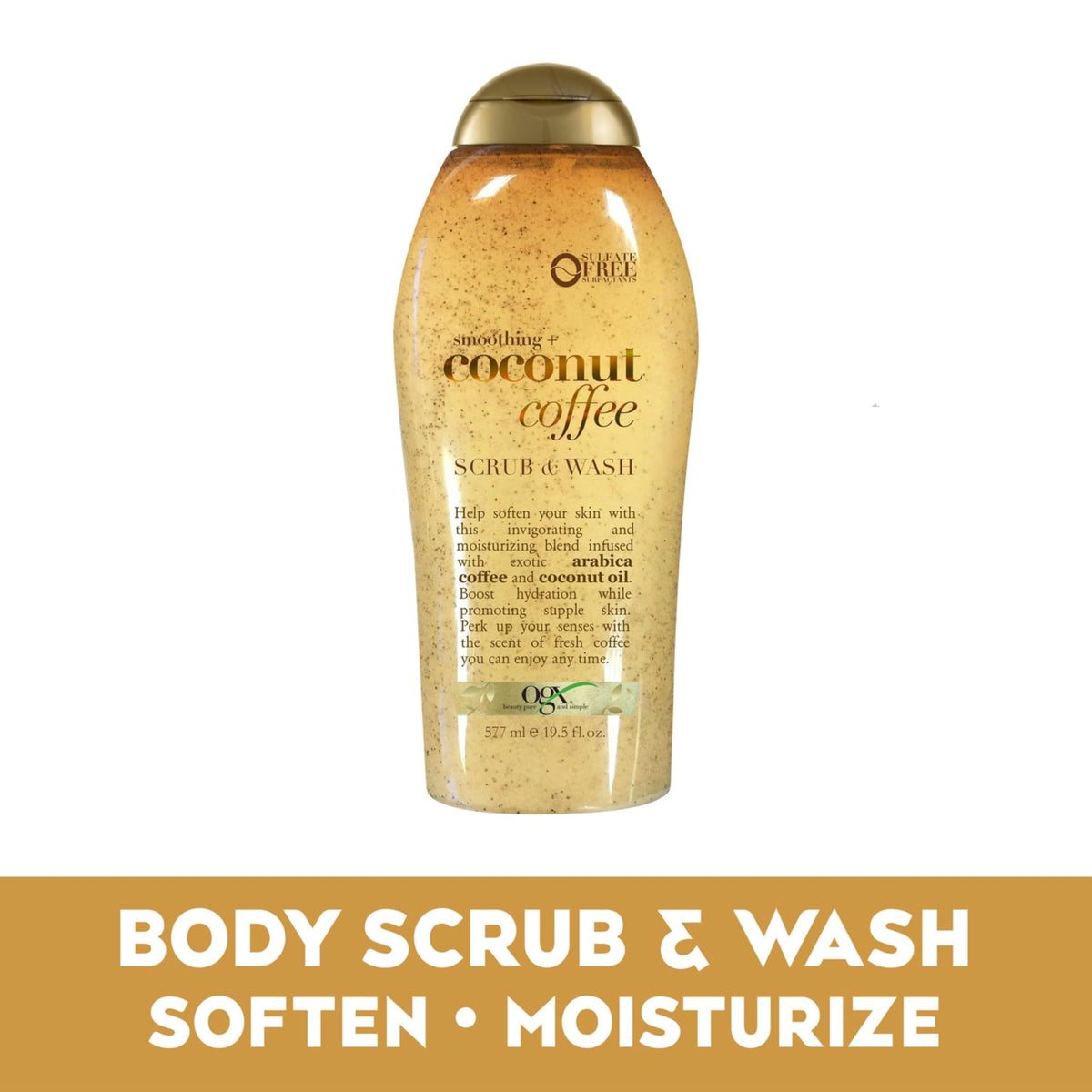 OGX close-up of scrub texture with coffee granules and creamy coconut oil for smoothing
