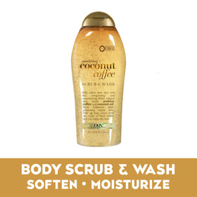 OGX close-up of scrub texture with coffee granules and creamy coconut oil for smoothing