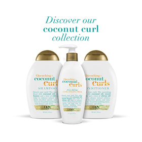 Person applying OGX styling milk to damp curls for easier detangling