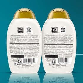 After-wash glossy smooth hair styled to show OGX softness and shine