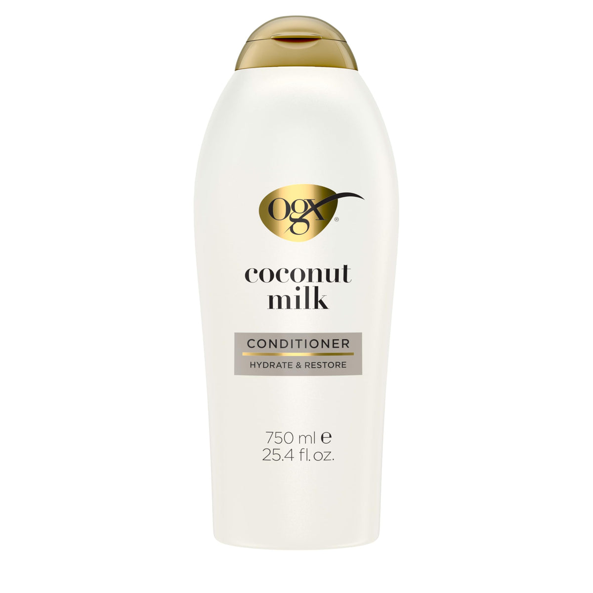 OGX front bottle view showing coconut milk conditioner and brand hydration benefit