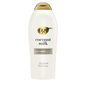 OGX front bottle view showing coconut milk conditioner and brand hydration benefit