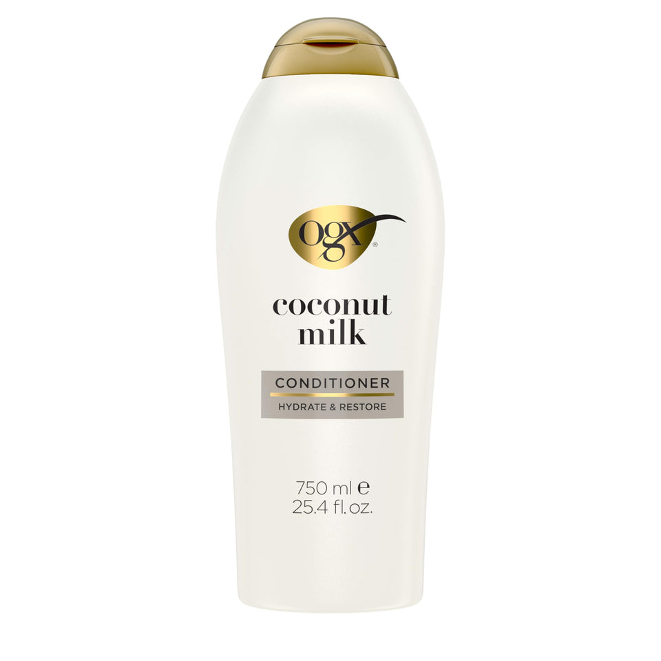 OGX front bottle view showing coconut milk conditioner and brand hydration benefit