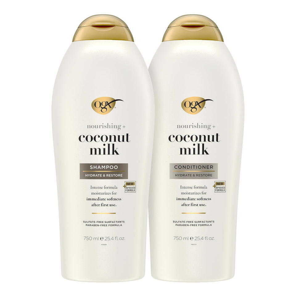 OGX coconut milk duo front packaging showing two 25.4 fl oz bottles and moisturizing promise