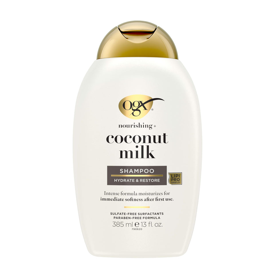 OGX front packaging showing 13 fl oz bottle and calming label benefits