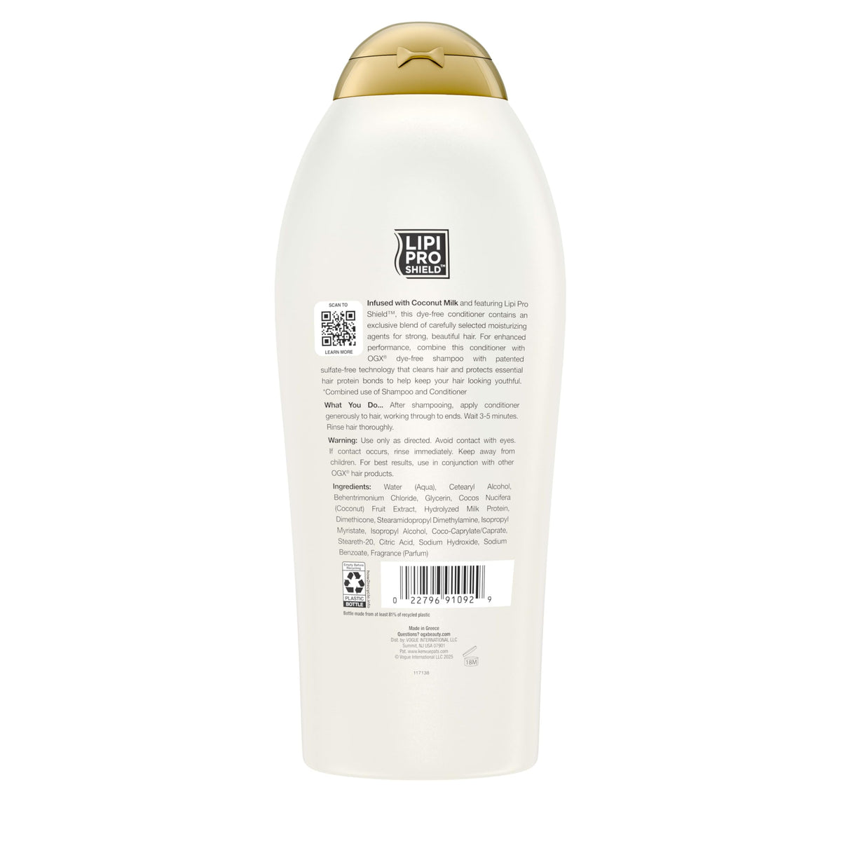 OGX product with coconut and peach props showcasing natural-scented, nourishing benefit