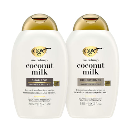 OGX shampoo and conditioner front packaging with hydrating benefits