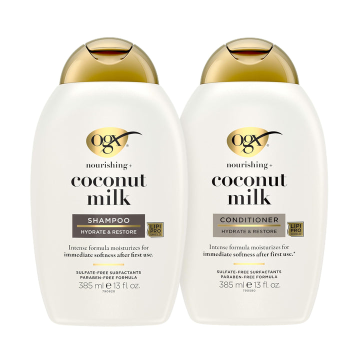 OGX shampoo and conditioner front packaging with hydrating benefits