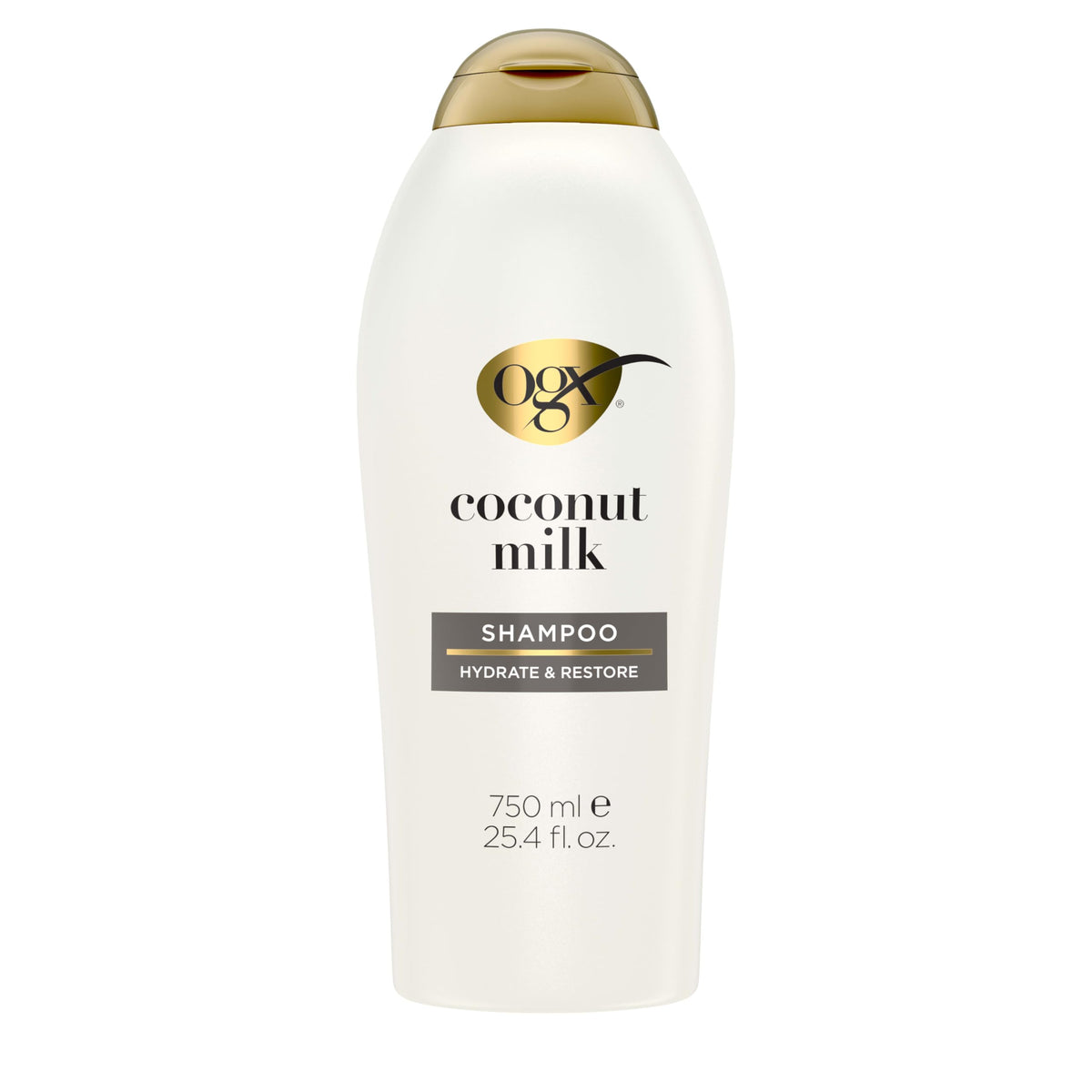 OGX front bottle view showing nourishing coconut milk with easy use benefit
