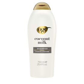 OGX front bottle view showing nourishing coconut milk with easy use benefit