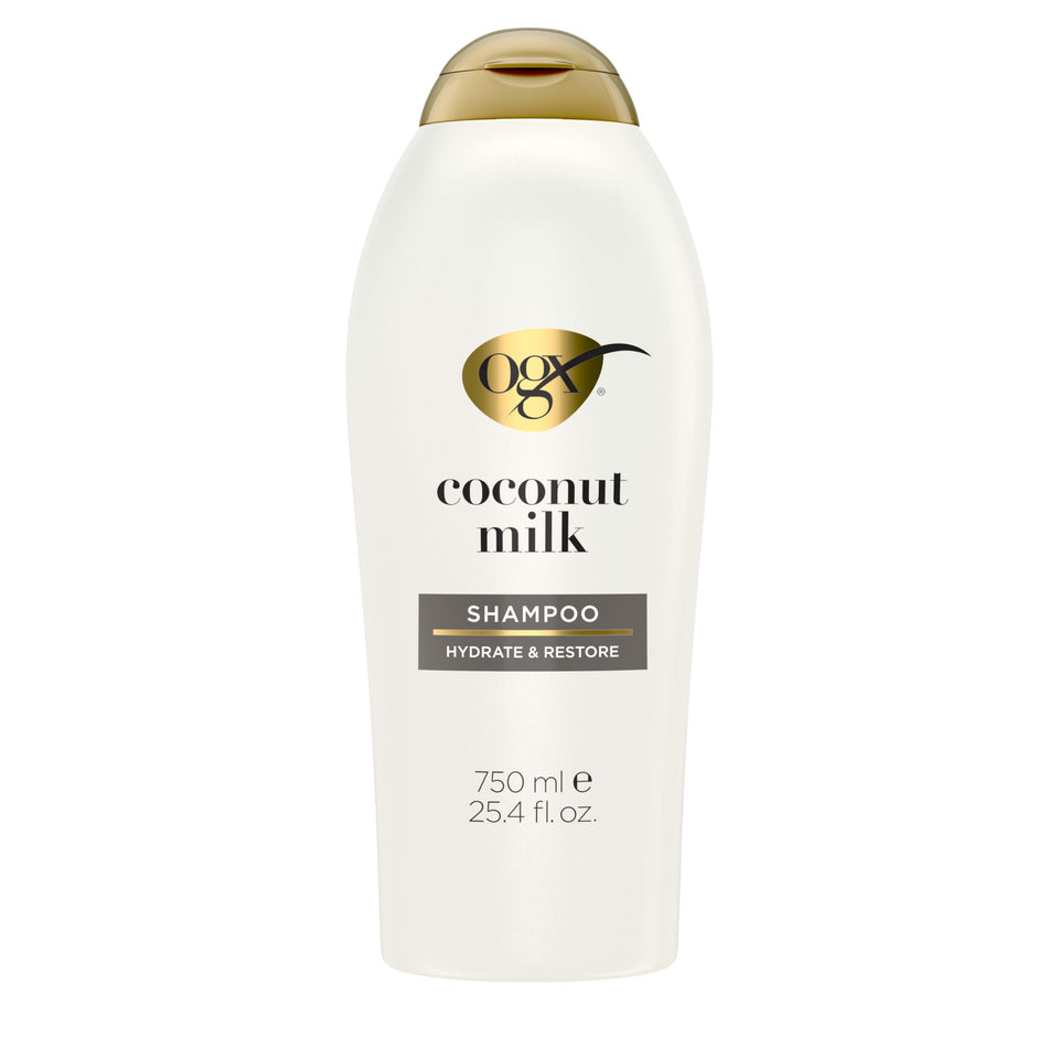 OGX front bottle view showing nourishing coconut milk with easy use benefit