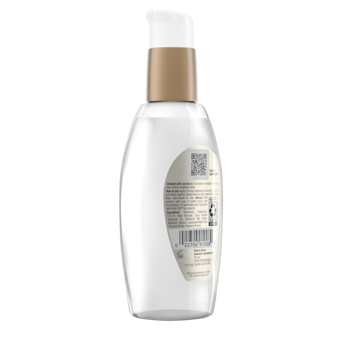 OGX bottle next to matching shampoo and conditioner illustrating complete routine benefit
