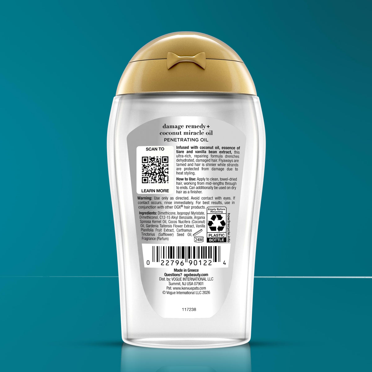 OGX bottle on bathroom vanity in lifestyle scene for aromatic haircare experience