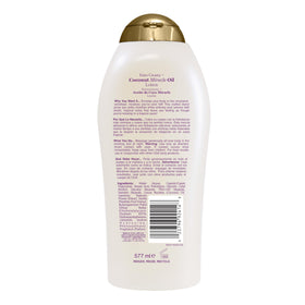 OGX bottle next to hand showing 19.5 ounce size and value benefit