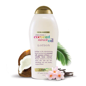 OGX bottle staged with coconut and tiare indicating nourishing oils benefit