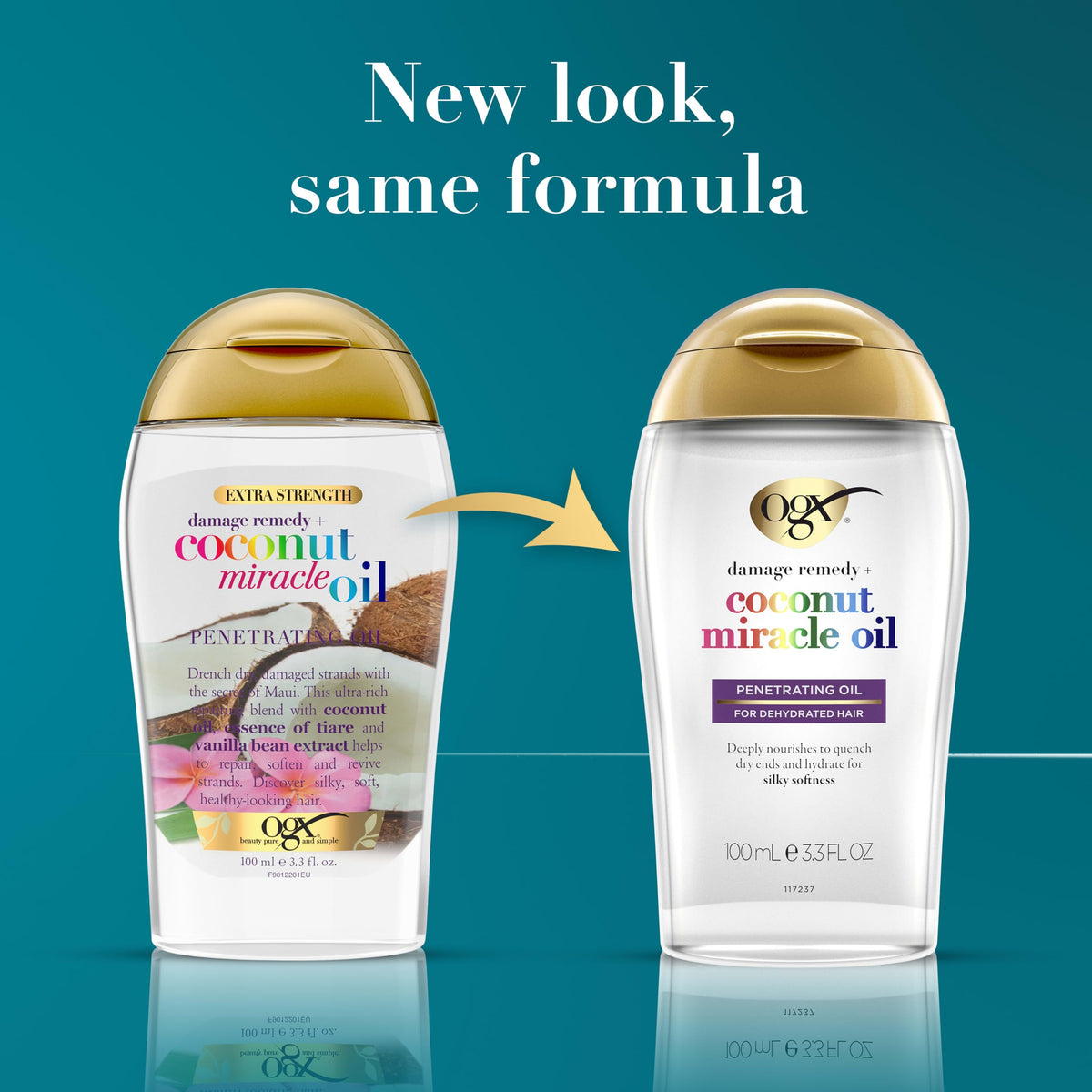 OGX applying oil to damp hair to reduce frizz and improve manageability