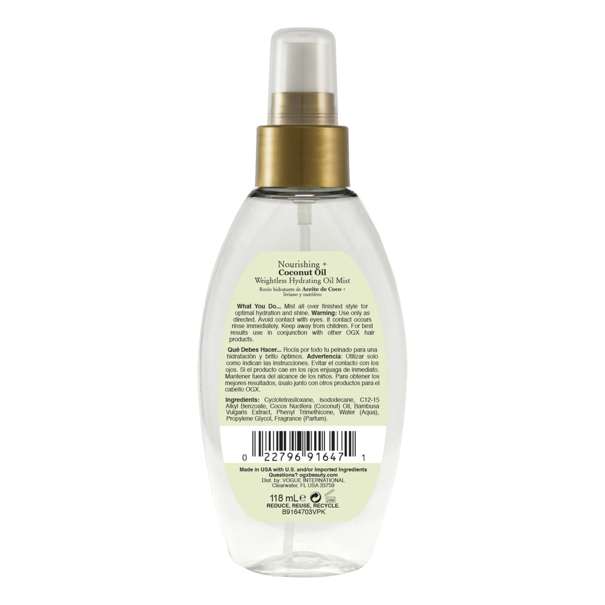 OGX product label close-up showing coconut oil and bamboo extract ingredients