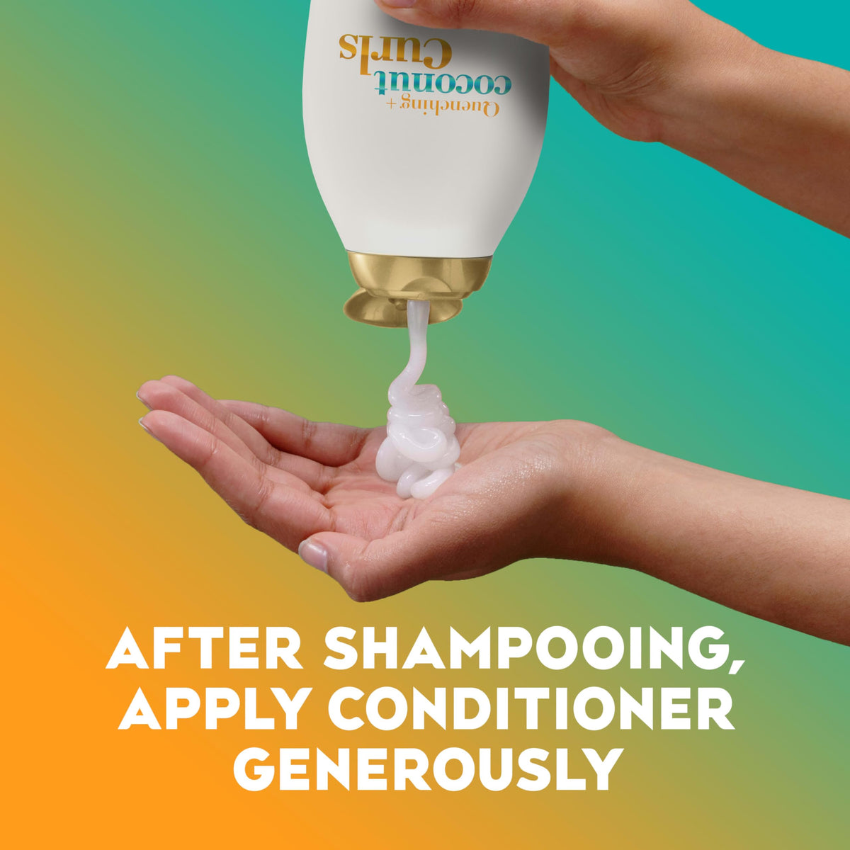 OGX applying conditioner to wet curly hair for smoother detangling