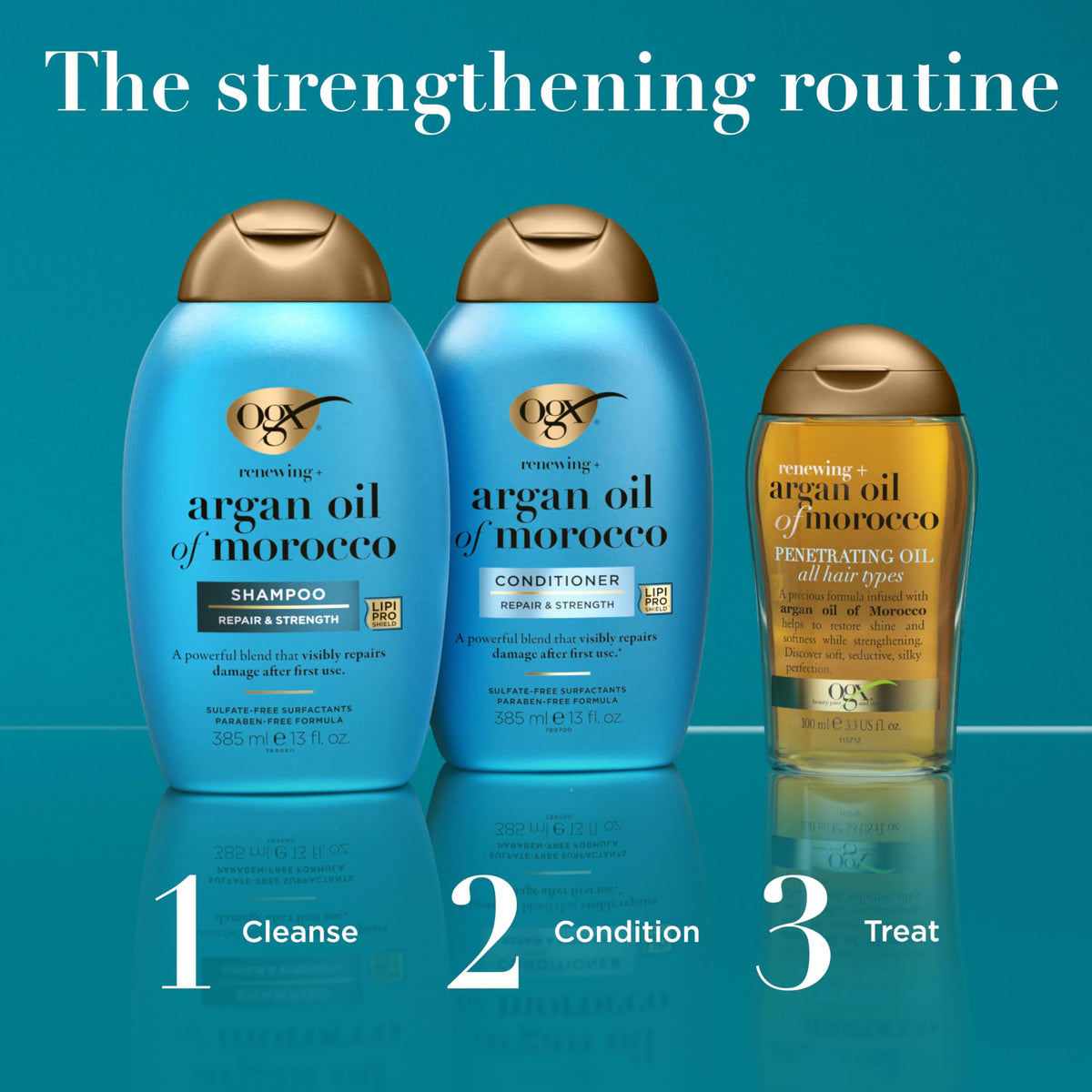 OGX argan oil droplet and conditioner illustrating nourishing ingredient
