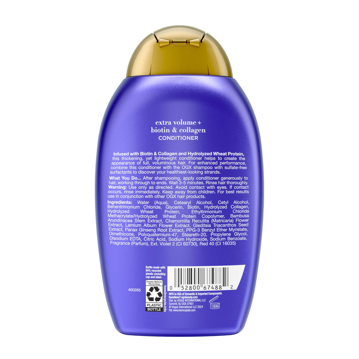 OGX open cap with rinse droplets conveying clean, color-safe formula