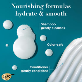 OGX duo bottles side label detail showing ingredients and sulfate-free formulation benefit