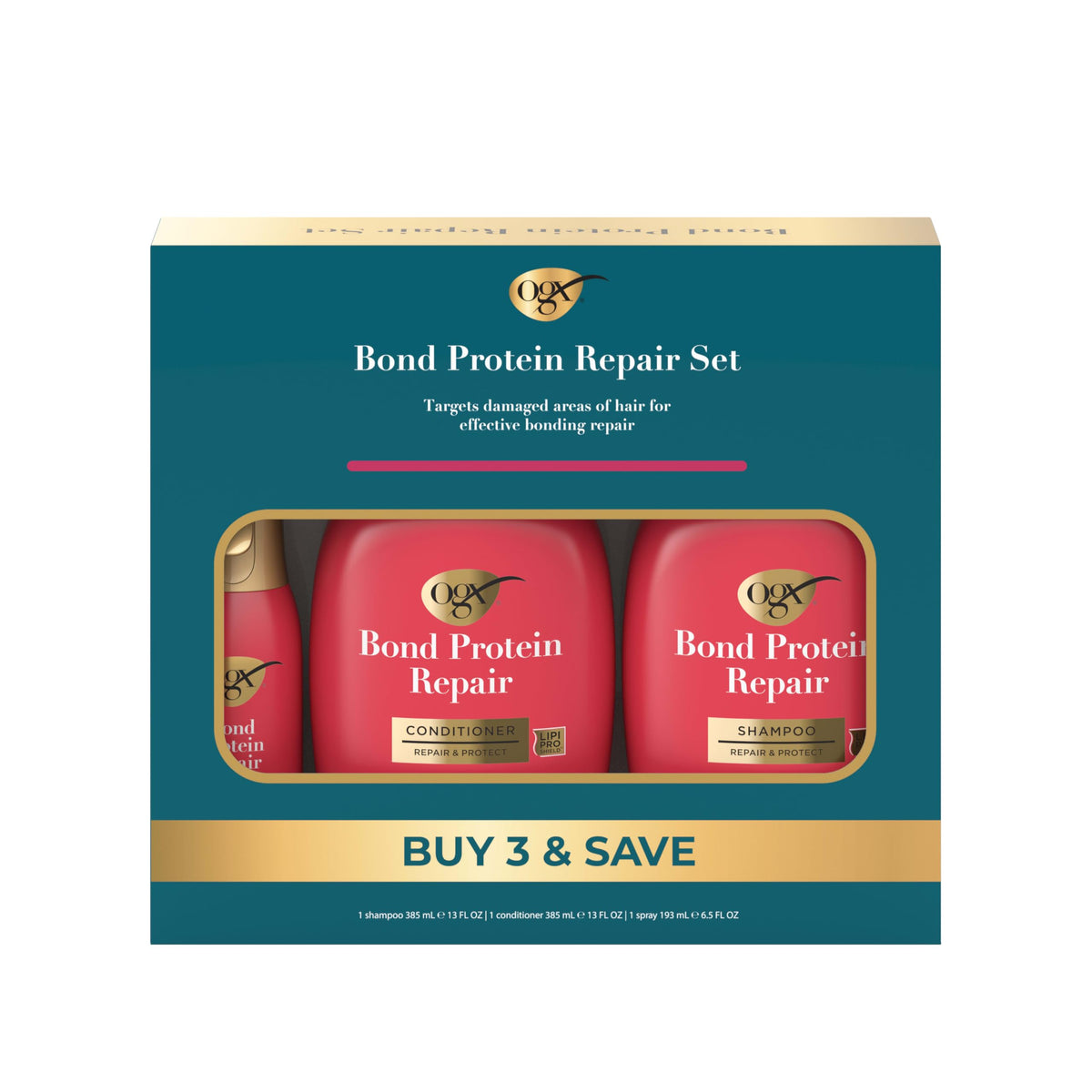 OGX front packaging showing three repair products and benefits