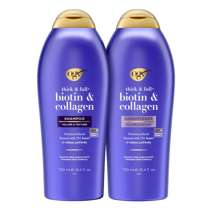 OGX front packaging duo showing both 25.4 fl oz bottles and benefits
