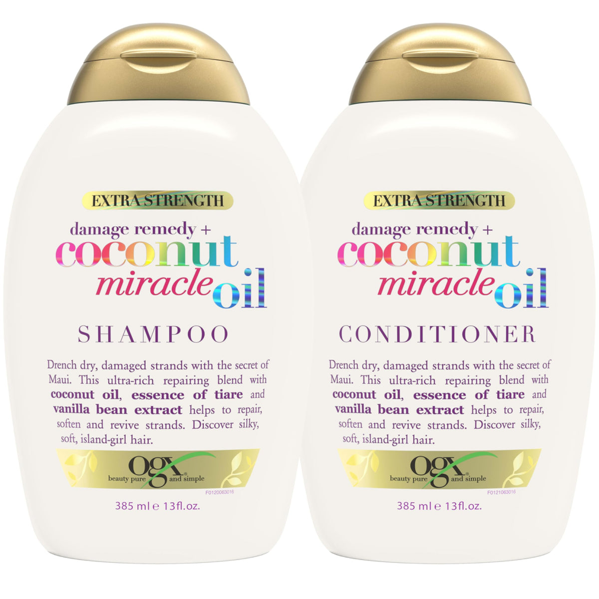 OGX front packaging showing shampoo and conditioner, emphasizes gentle repair