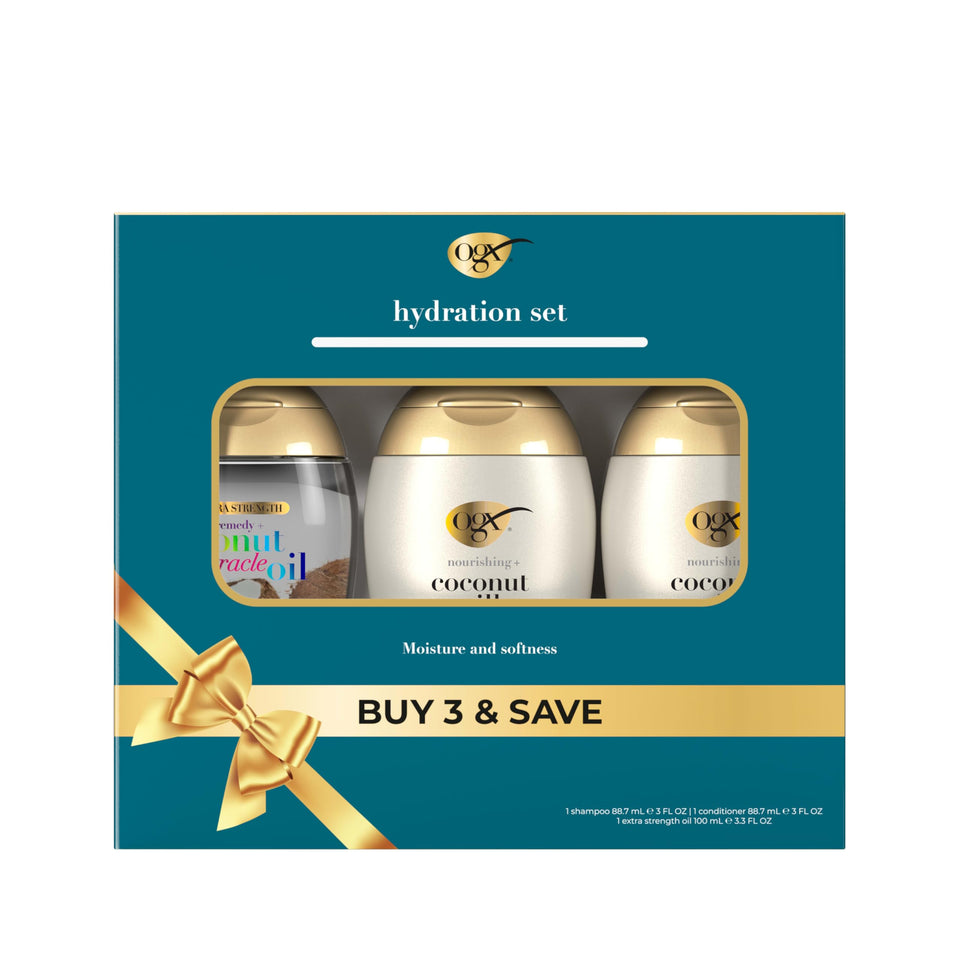 OGX giftset front packaging showing trio and hydration benefits