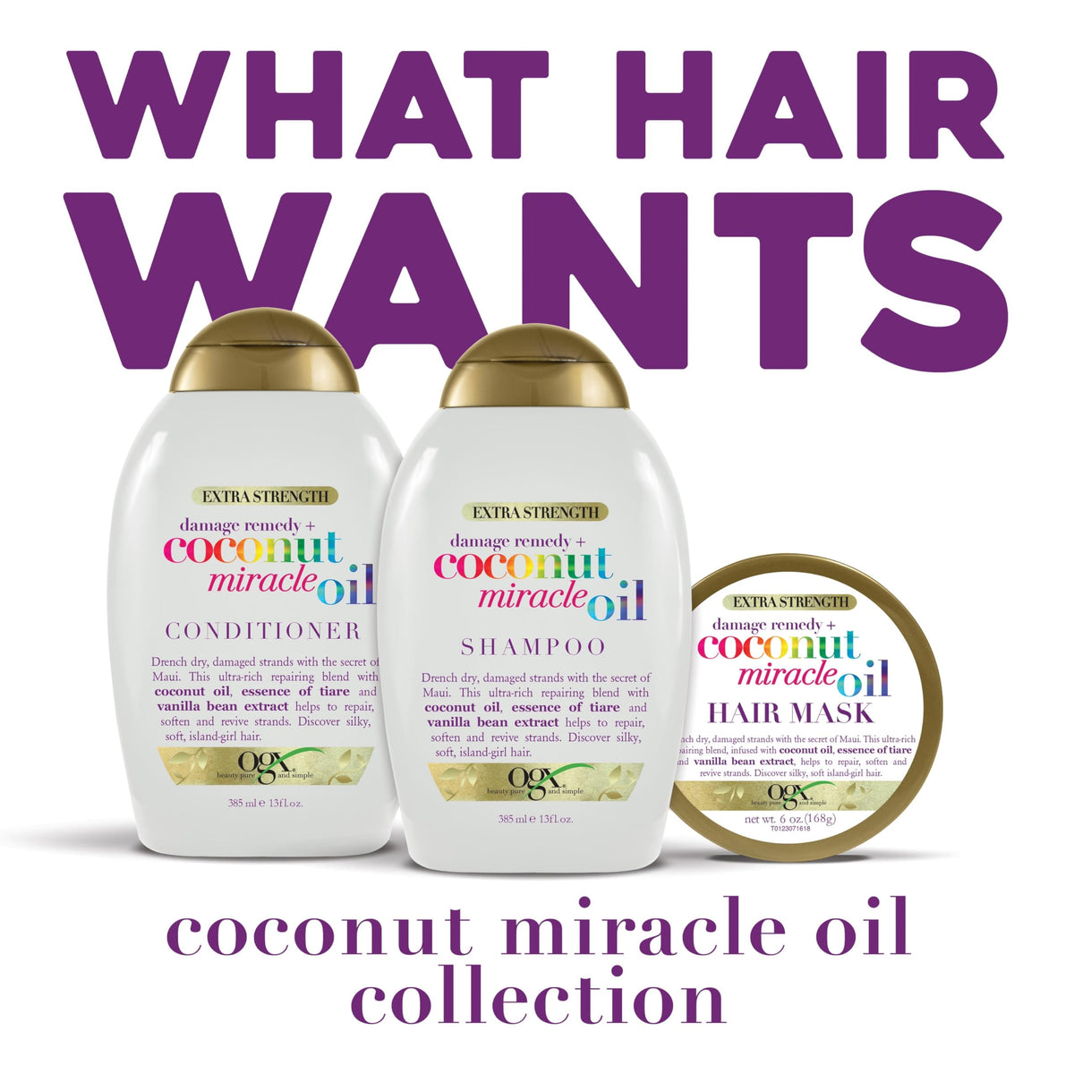 OGX coconut vanilla tiare ingredients arranged to show natural nourishment