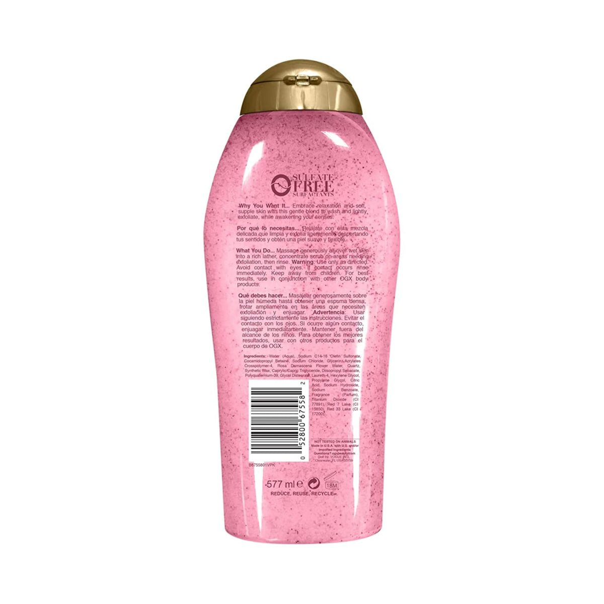 OGX label close-up listing rosewater and pink sea salt ingredients for transparency