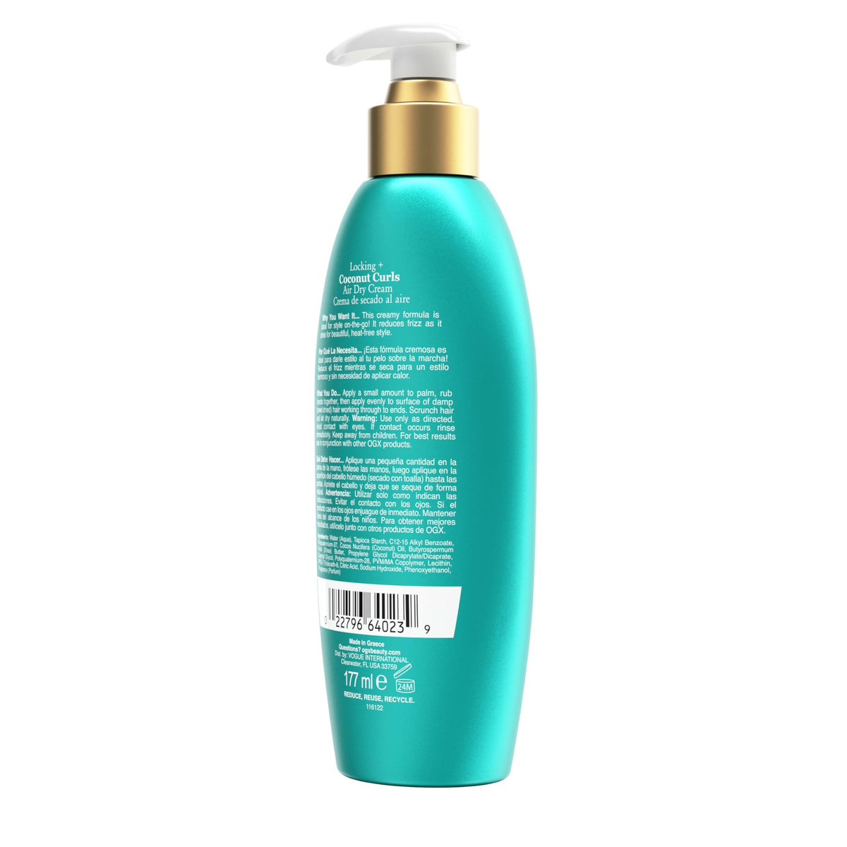 OGX label close-up showing key ingredients like coconut and shea butter