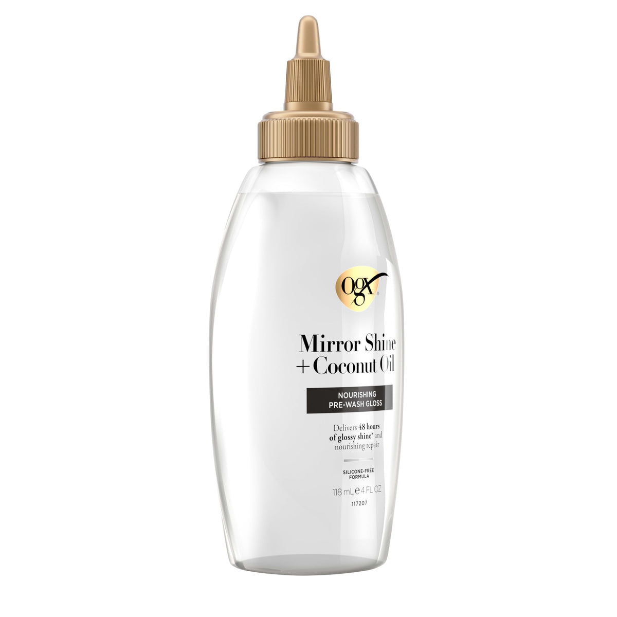 OGX rinsed hair showing reflective mirror-like shine and smoother strands