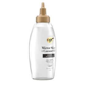 OGX rinsed hair showing reflective mirror-like shine and smoother strands