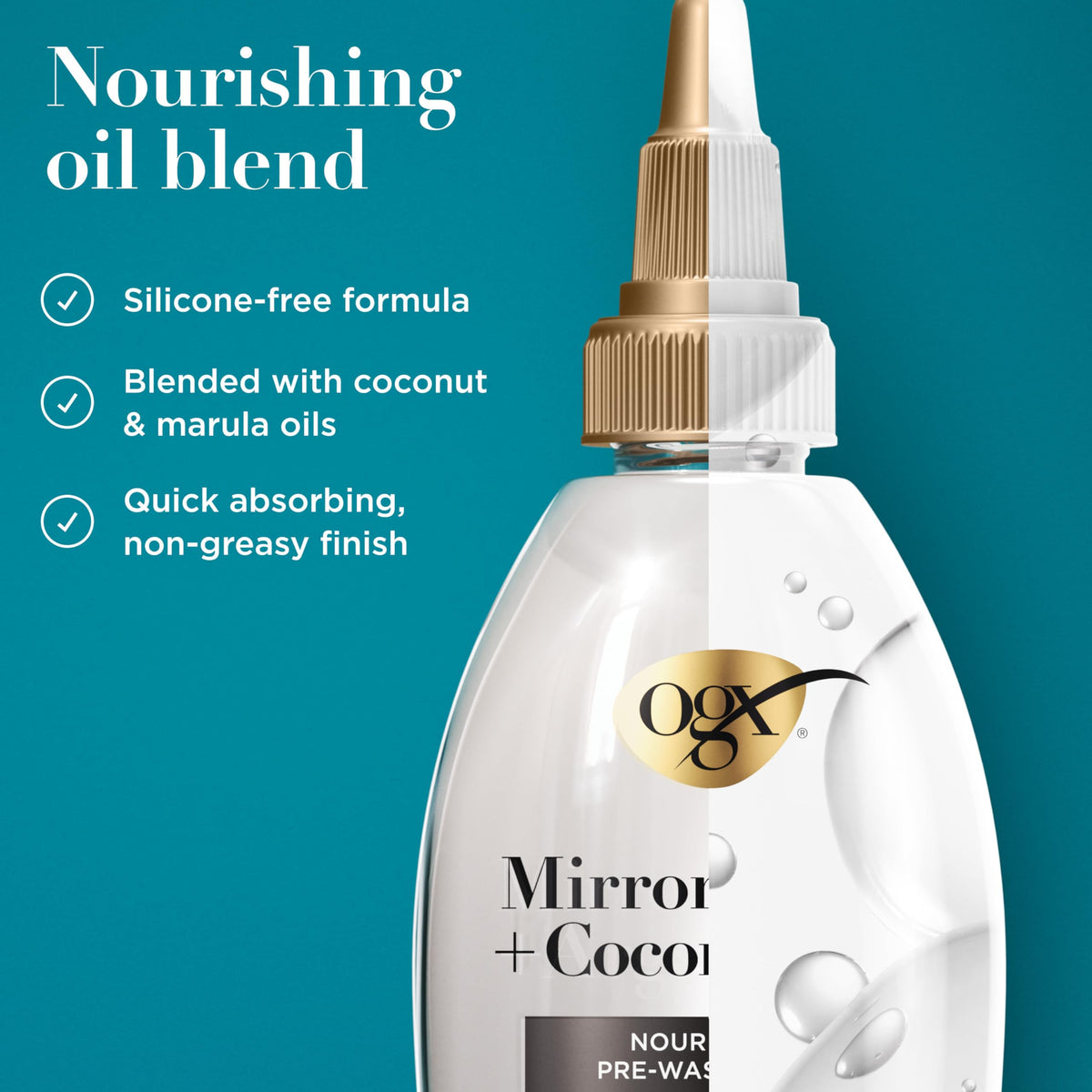 OGX bottle angled to display label and user-friendly cap for easy use